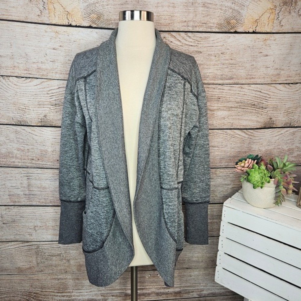 Eddie Bauer Open Front Cardigan Sweater‎ Knit Pockets Gray Heathered M